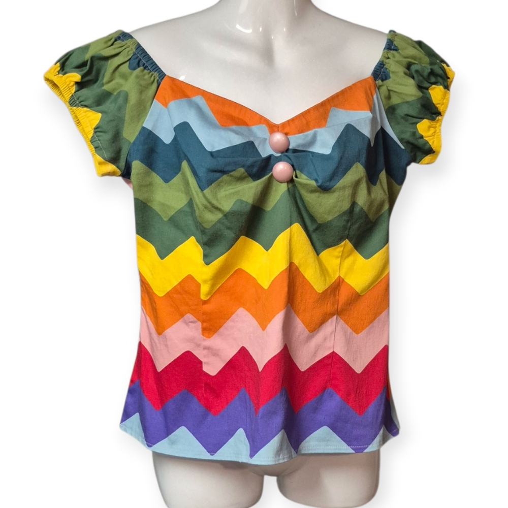 Collectif London Rainbow Multicolour Chevron Women's Cap Sleeve Top Size Large